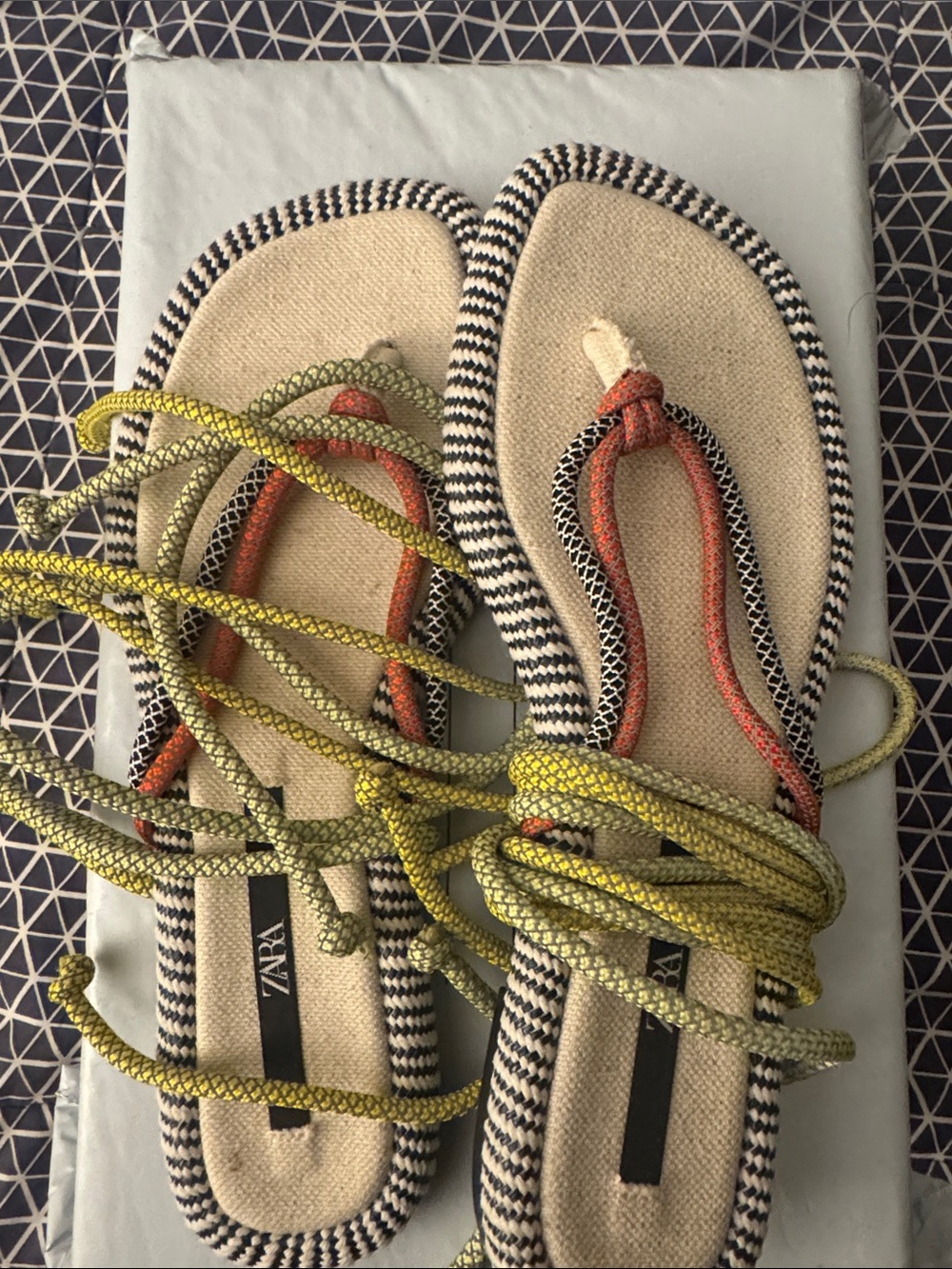 Zara Olive Green and reflective Rope Wrap Sandals